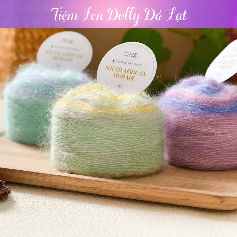 Len mohair đan móc áo, nón, khăn choàng, màu loang xinh xỉu, mềm, 50gr, sợi 1mm, mohair loang nam ph