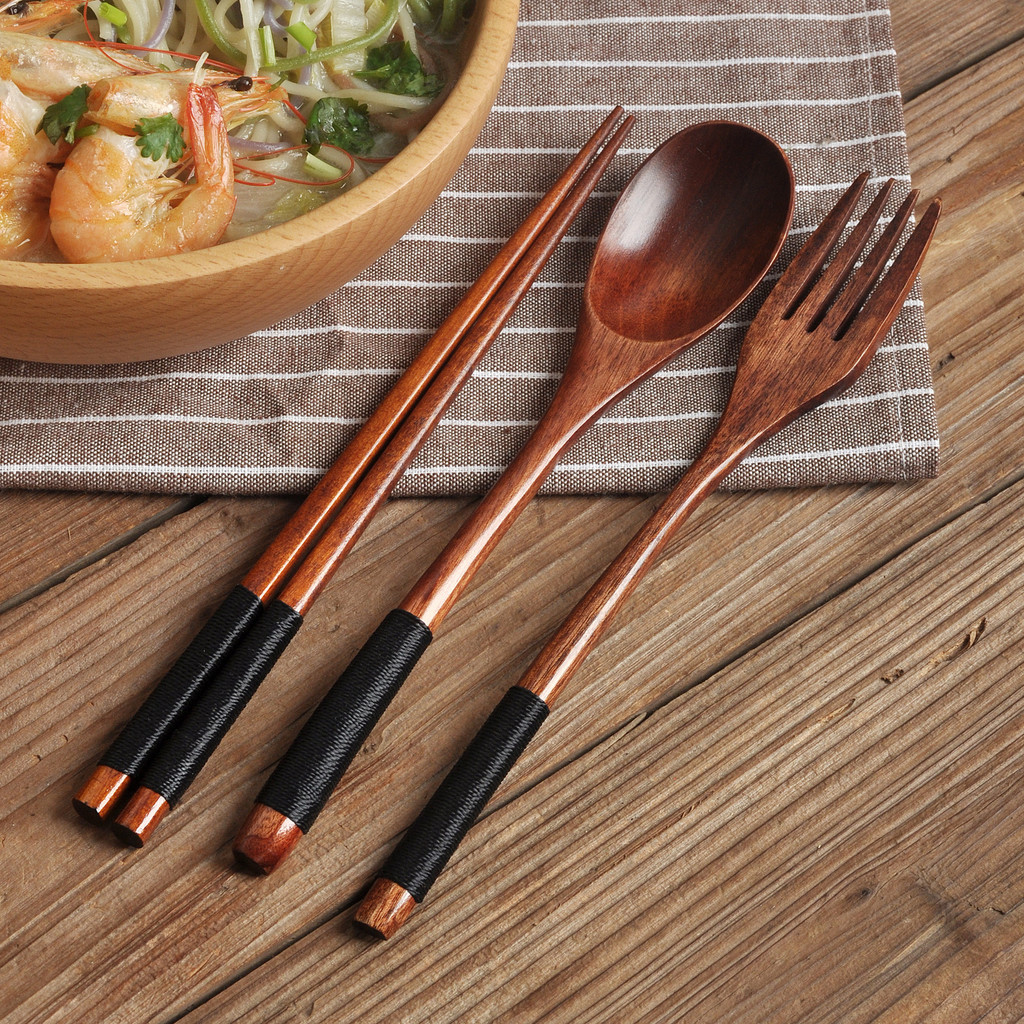 Popular~Japanese-style twisted wooden spoon, fork, and chopsticks three-piece set with long handle, 