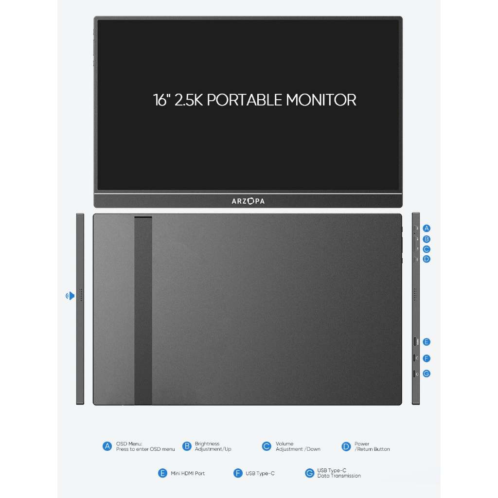 Màn Hình Di Động ARZOPA Z1RC 16" 2.5K IPS | 500 Nits | 100% sRGB | USB-C HDMI | Chính Hãng |Hỏa Tốc | BigBuy360 - bigbuy360.vn