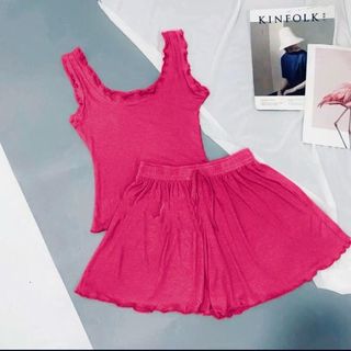 C10d Bộ ngủ áo ba lỗ quần viền bèo thun tăm, Sét đồ ngủ sexxy co giãn chất mát lạnh Nữ Voi