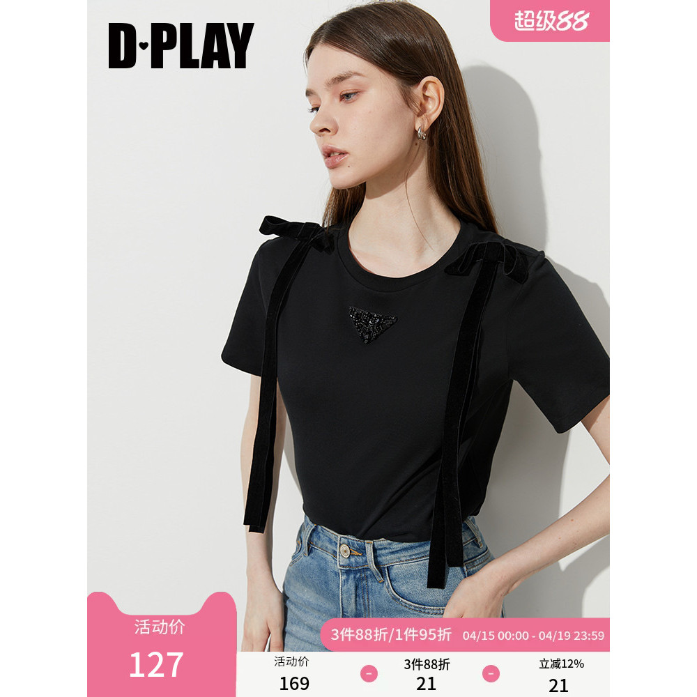 DPLAY Mùa Hè Phong Cách Mới Áo Thun Đen Nữ Đẹp Trai Pháp Rời Độc Đáo Nơ Tay Ngắn
