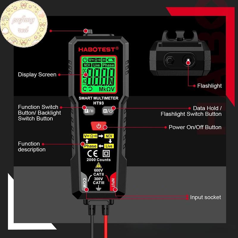 PURED 1 Cái AC / DC Điện Trở Điện Áp Đo Liên Tục HT93 Đồng Hồ Vạn Năng Kỹ Thuật Số Thông Minh NCV Đồ