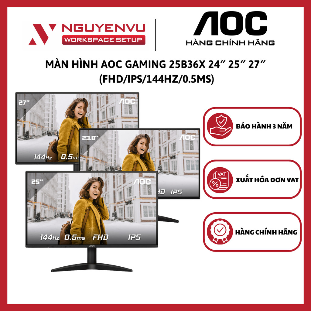 Màn Hình AOC Gaming 24B36X | 25B36X | 27B36X 24″ 25″ 27″  (FHD/IPS/144Hz/0.5ms) - Hàng Chính Ha x