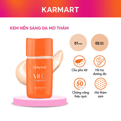 Kem Nền Chống Nắng Cathy Doll Giúp Sáng Da Mờ Thâm, Độ Che Phủ Tốt Vit C Ampoule Foundation Spf50+ Pa+++ 30g