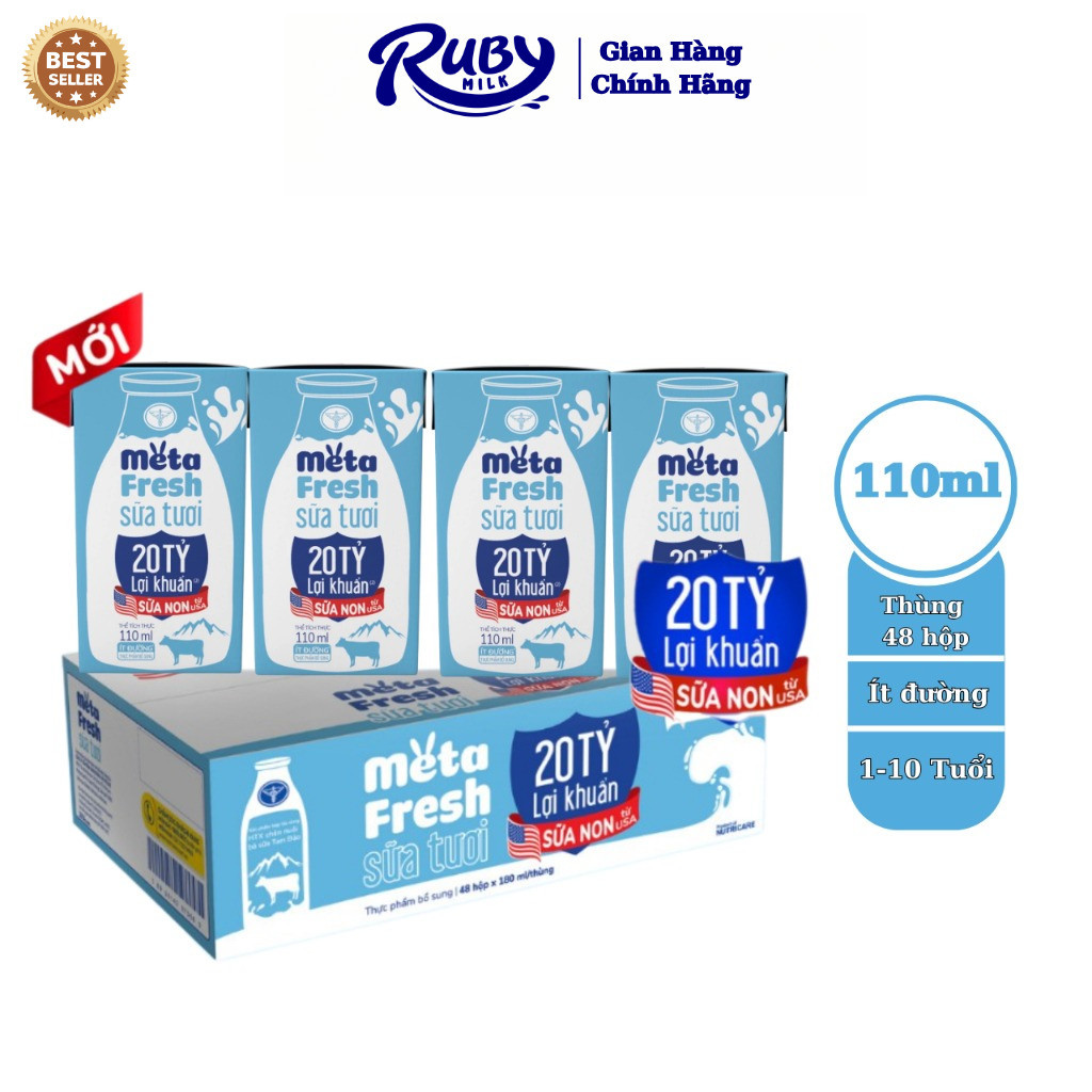 Sữa tươi 110ml Nutricare Meta Fresh lợi khuẩn Ít Đường sữa non tăng cường miễn dịch, đề kháng