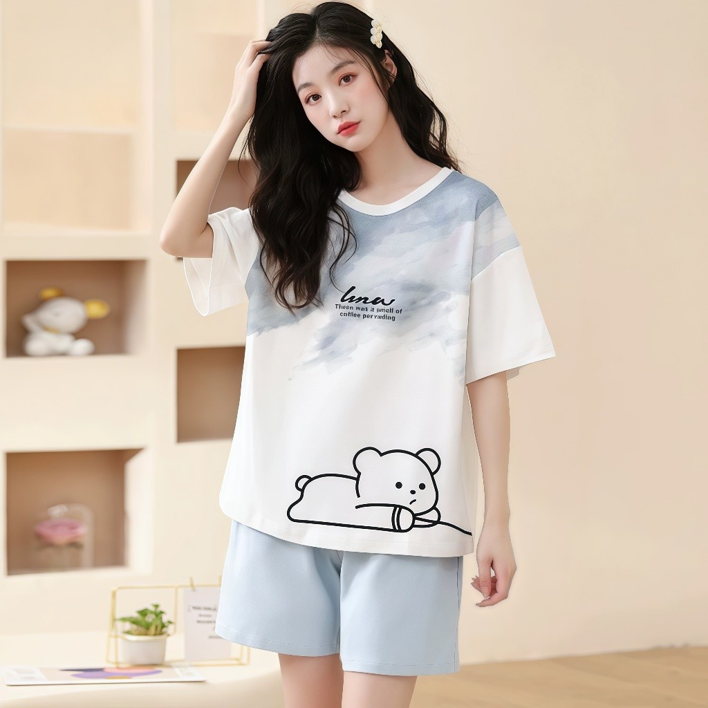 M-5XL Plus Size Đồ Ngủ Tay Ngắn + Quần Short Nữ Bộ Đồ Ngủ Nhẹ Mùa Hè