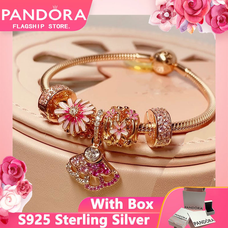 Vòng tay bạc Pandora 925 Quà tặng ban đầu dành cho nữ Cặp đôi với bộ vòng tay hoa cúc hồng