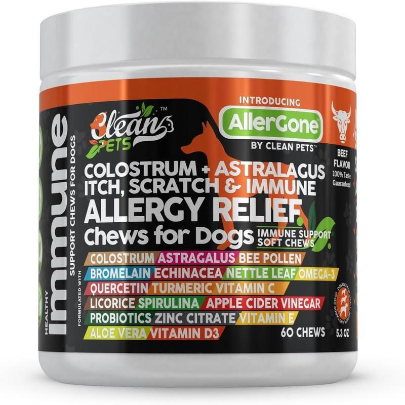 เคี้ยวบรรเทาภูมิแพ้สุนัข | คัน สกิน รีลีฟสําหรับสุนัข | Colostrum Asalagus Omega 3 Bee Pollen Bromel