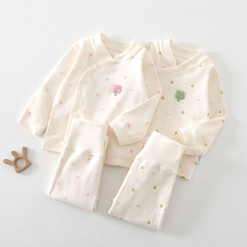 Spring and Autumn Baby High Waist Belly Protection Suit Pure Cotton Newborn Long John Side Opening B