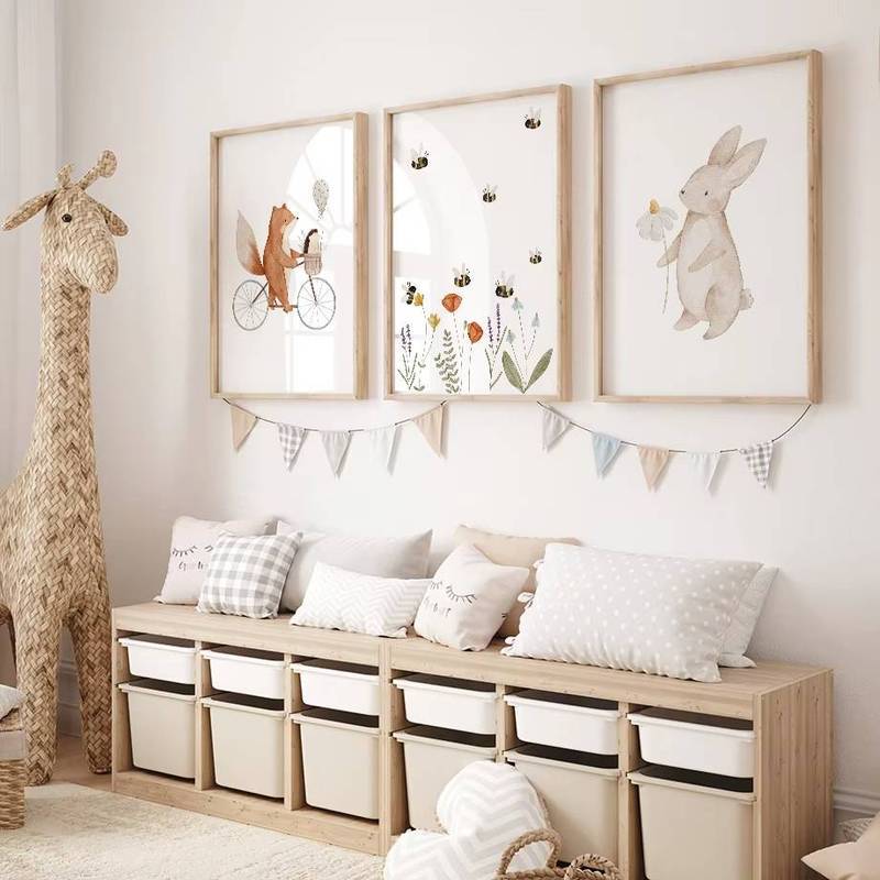 Boho Cartoon Fox Rabbit Bee Bear Hedgehog Flower Posters Art Prints Canvas Painting Wall Pictures Ba