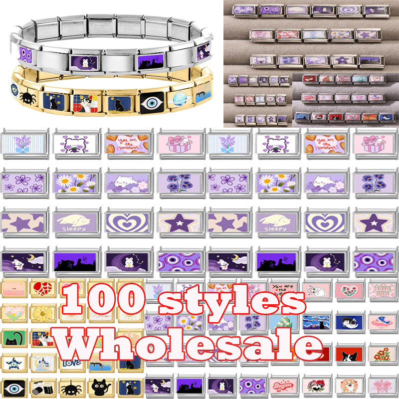 Fashion Dreamy Purple Flowers Cats Moon Heart Italian Charms Fit 9mm Stainless Steel Women Bracelet 