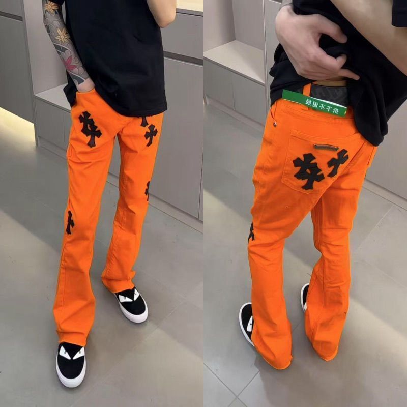 Quần dạo phố cao cấp màu cam thêu rộng chữ thập, dáng loe hơi lai ni