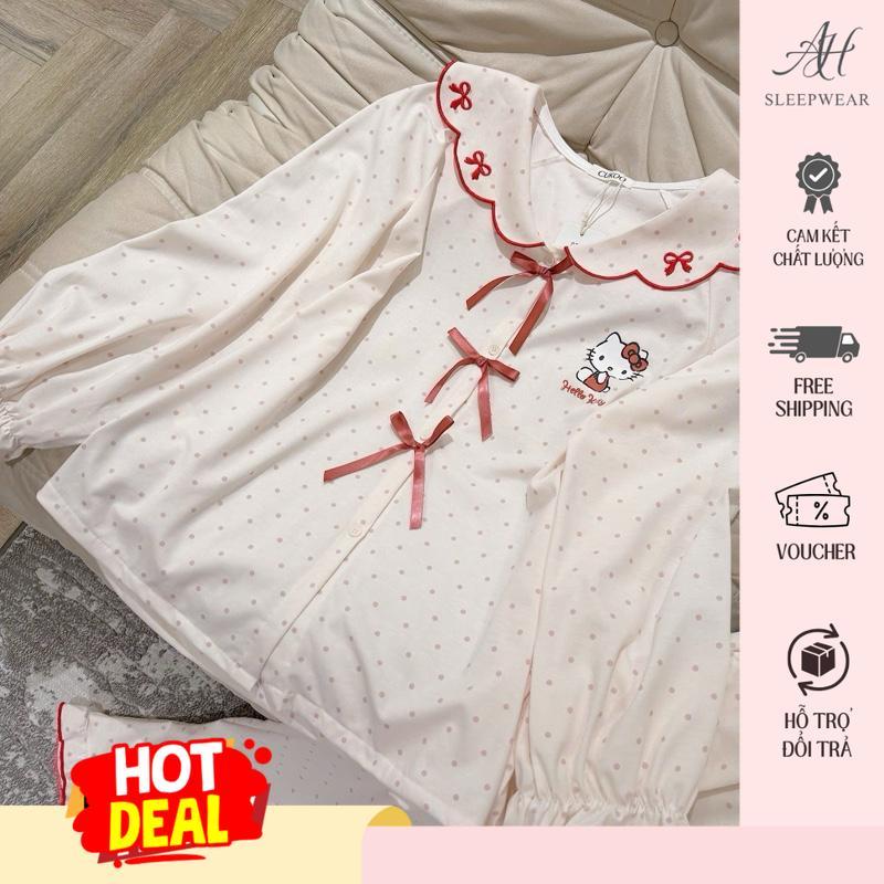 Bộ ngủ cotton chấm bi phối nơ đỏ kitty xinh SP1970