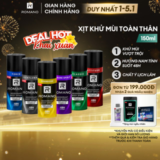   MÙI HƯƠNG MỚI  Xịt khử mùi cho nam toàn thân ngăn mồ hôi và mùi cơ thể Romano 150ml - 6 mùi có sẵn 