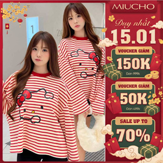  Áo thun boxy tay dài Miucho vải thun borip cao cấp thoáng mát đứng form BST Kitty kẻ sọc mix màu 