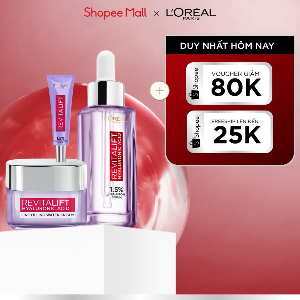Bộ Serum Cấp Ẩm Sáng Da 30ml, 7.5ml và kem dưỡng 15ml siêu cấp ẩm giảm nếp nhăn L'Oreal Paris Revitalift Hyaluronic Acid