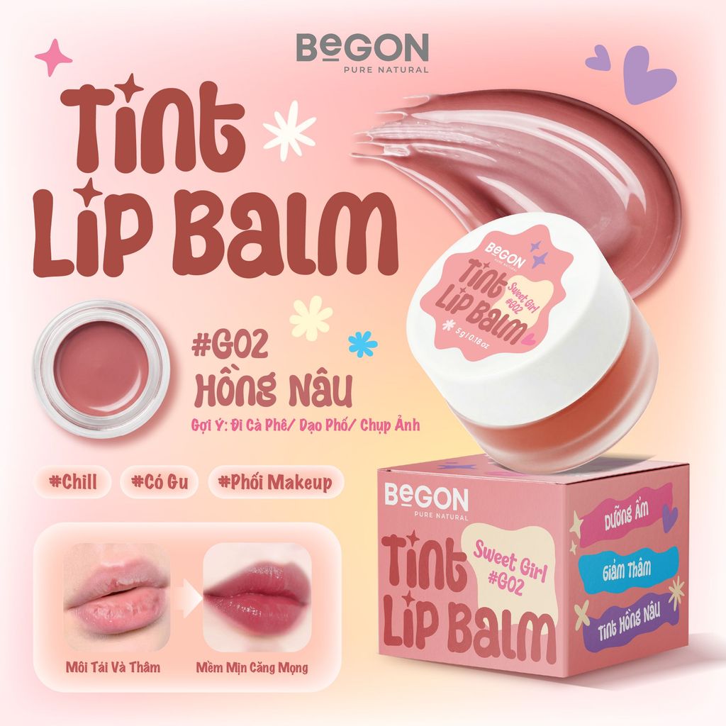[Màu G02 - Hồng NÂU] Son Dưỡng Có Màu Tint Lip Balm 5g - Dưỡng Môi Căng Mọng, Giảm Thâm | BEGON