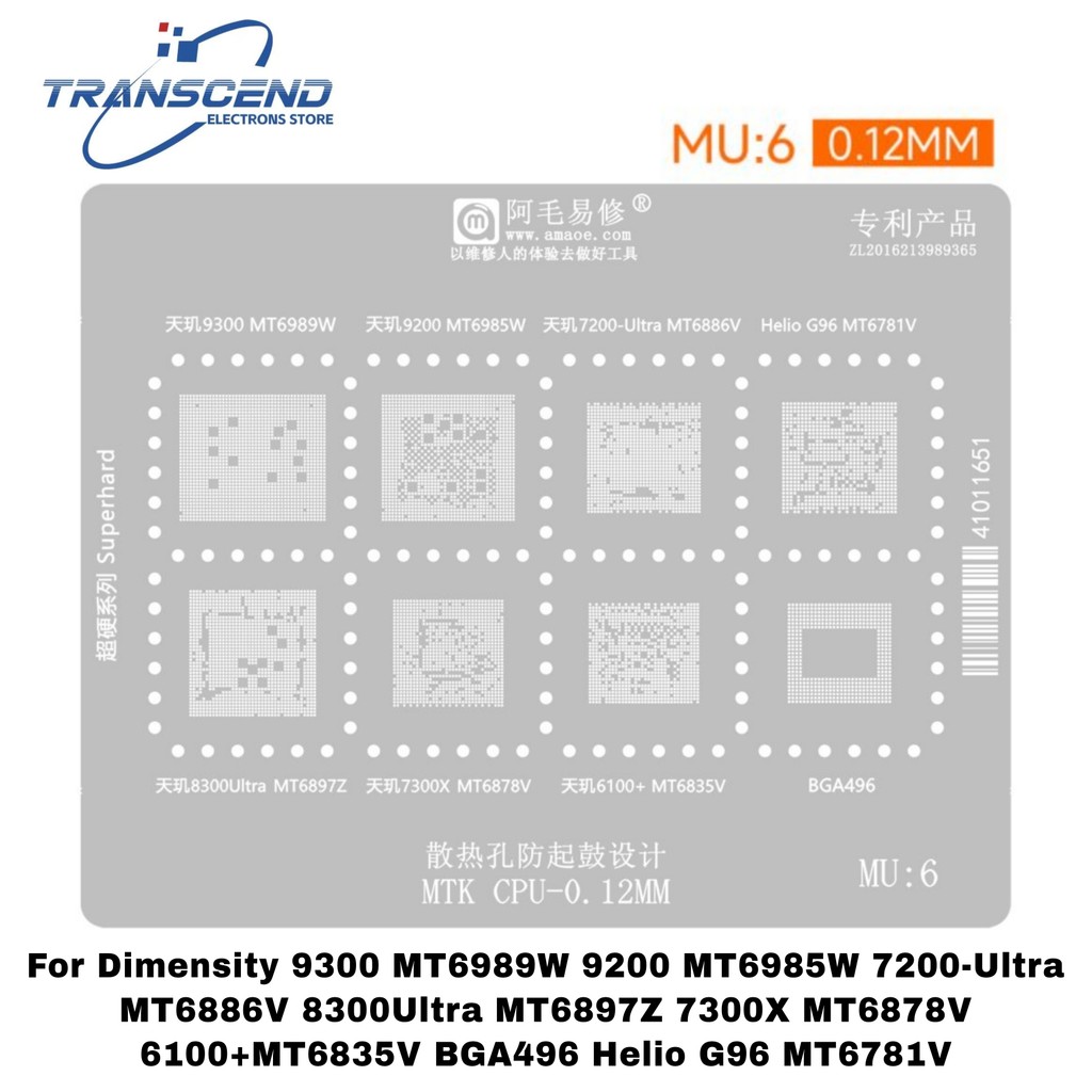 MU6 BGA Reballing Stencil cho độ mờ 9300 MT6989W 9200 MT6955W 7200-Ultra MT6886V 8300Ultra MT6897Z 7