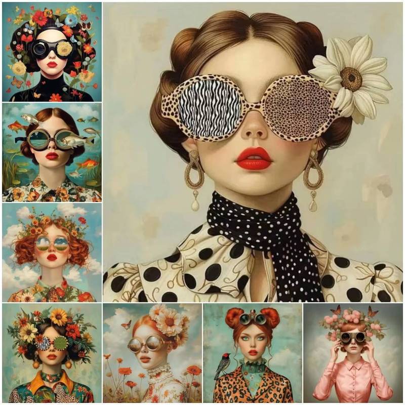 Glasses Woman With Flowers Nordic Boho Wall ArtPoster No Frame Canvas Painting Butterfly With Girl P