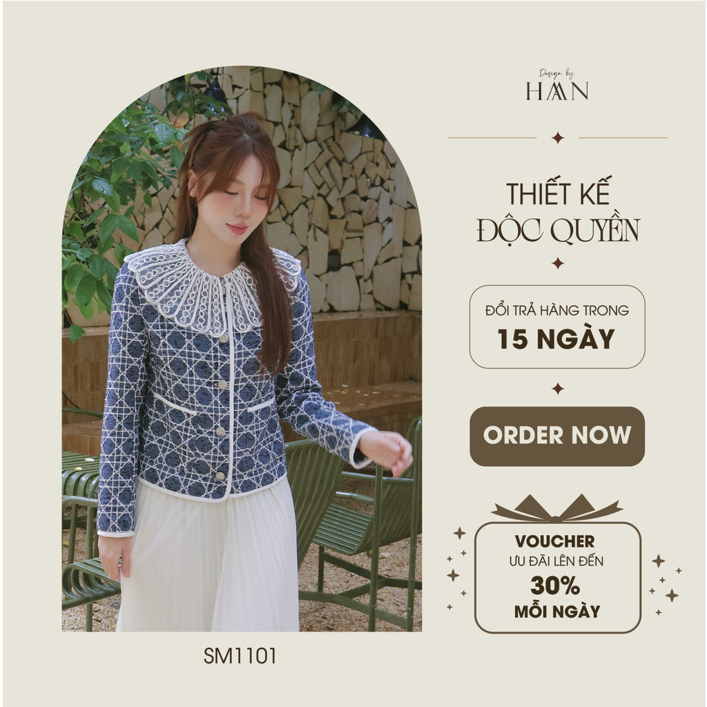 Áo Dạ Tweed Nữ Thiết Kế Viền Cổ Tròn Cách Điệu, Họa Tiết Kẻ Xanh Sang Trọng HAAN Design SM1101