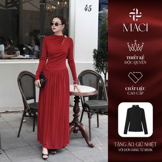  Đầm Liền Nhún Eo Dài Tay Chất Thun Hàn Đen   Đỏ MACI by MKC MCVVADO0193 Thời Trang Nữ Thiết Kế Độc Quyền 