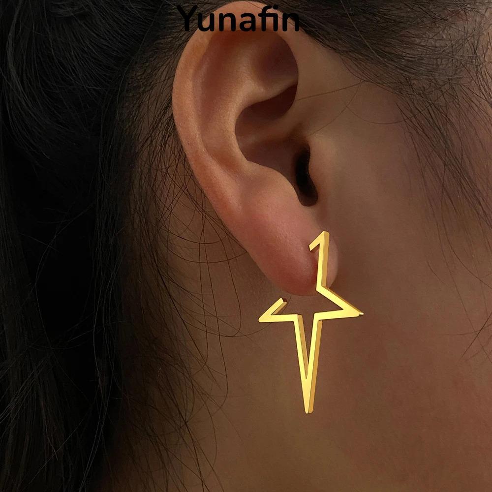 Bông tai ngôi sao rỗng lớn, hip hop inox, phong cách gothic punk dành cho cô gái