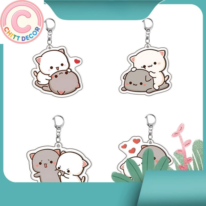 Móc khóa MICA IN UV SẮC NÉT hình mèo Peach và Goma Hug Couple dễ thương-chit