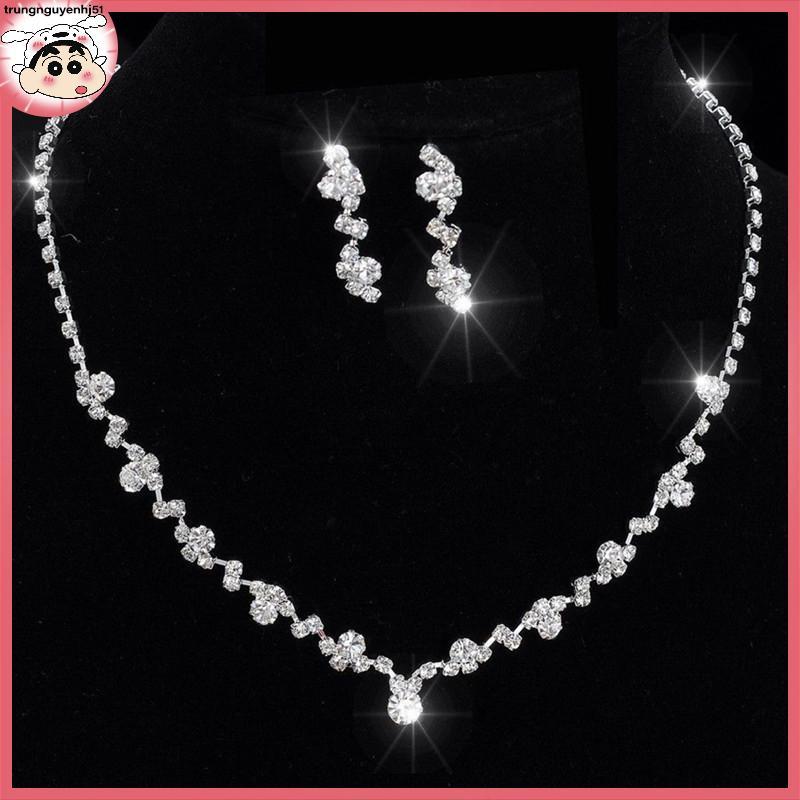 [Tàu 12 giờ] bạc phù dâu pha lê Vòng cổ bông tai Set Wedding Bridal jewellery VN