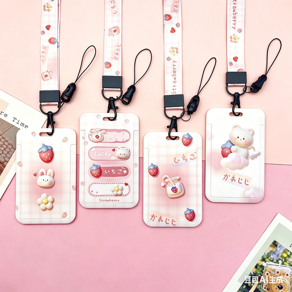 Hộp đựng thẻ thỏ dâu dễ thương & Hộp đựng thẻ ID màu hồng có dây buộc dài, Vỏ thẻ xe buýt Thẻ tên cô