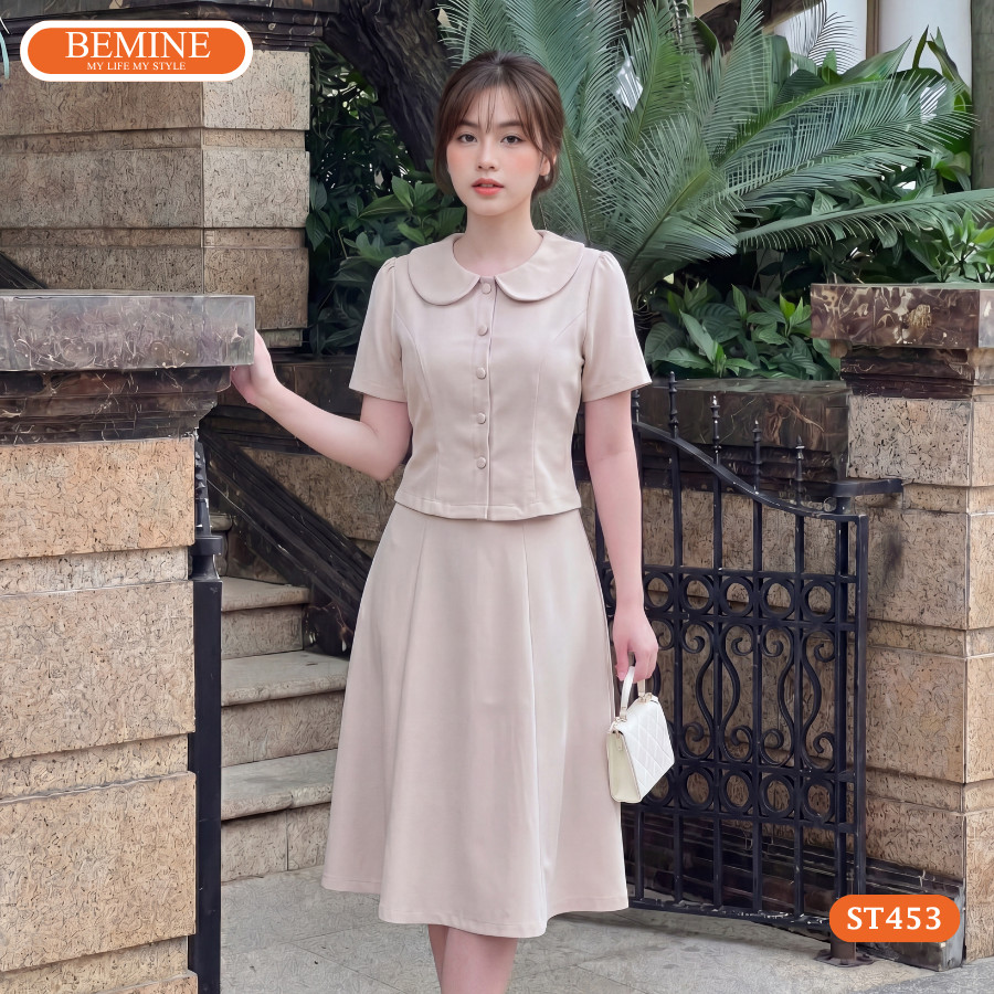 Set thiết kế BEMINE áo cổ sen đính cúc chân váy chữ A-ST453