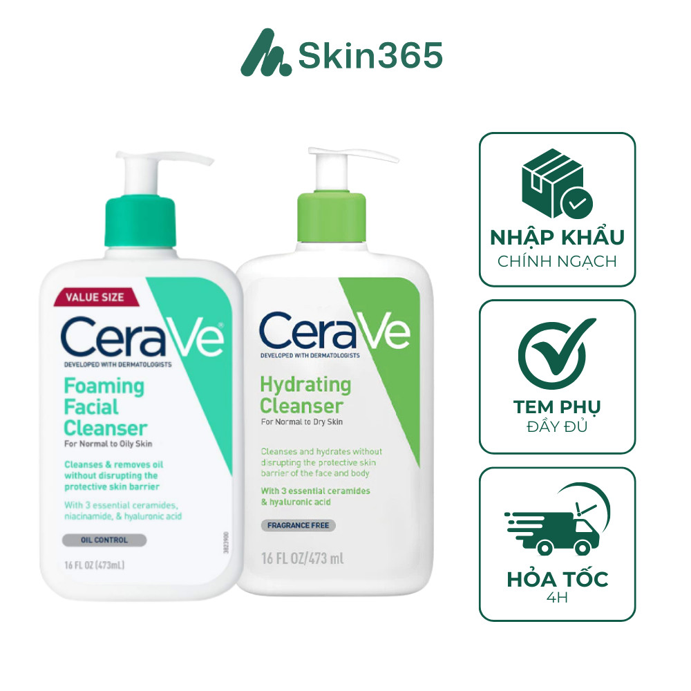 Sữa Rửa Mặt Cerave Foaming For Normal to Oily Skin/Hydrating For Normal to Dry Skin 473mL/236mL/88mL