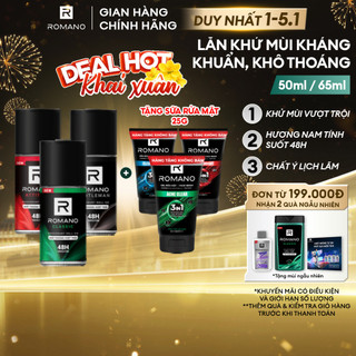  Lăn khử mùi nam kháng khuẩn & khô thoáng cả ngày Romano 50ml   65ml 