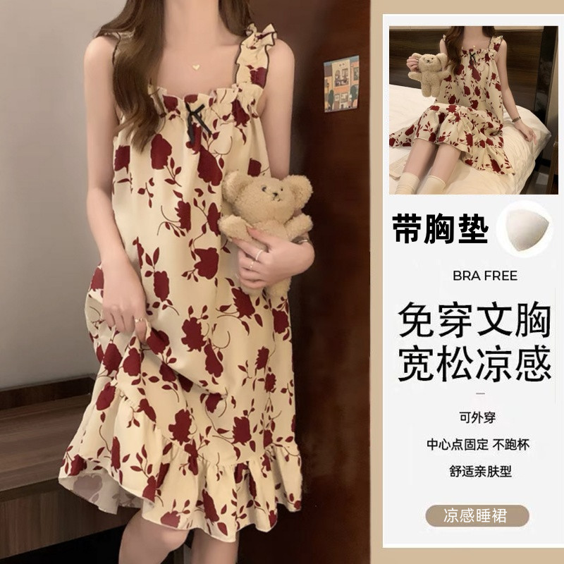 Bộ Đồ Ngủ Mỏng Không Tay Cho Ngày Hằng Ngày, kèm Miếng Lót Ngực Sling và Váy Ngủ Rời