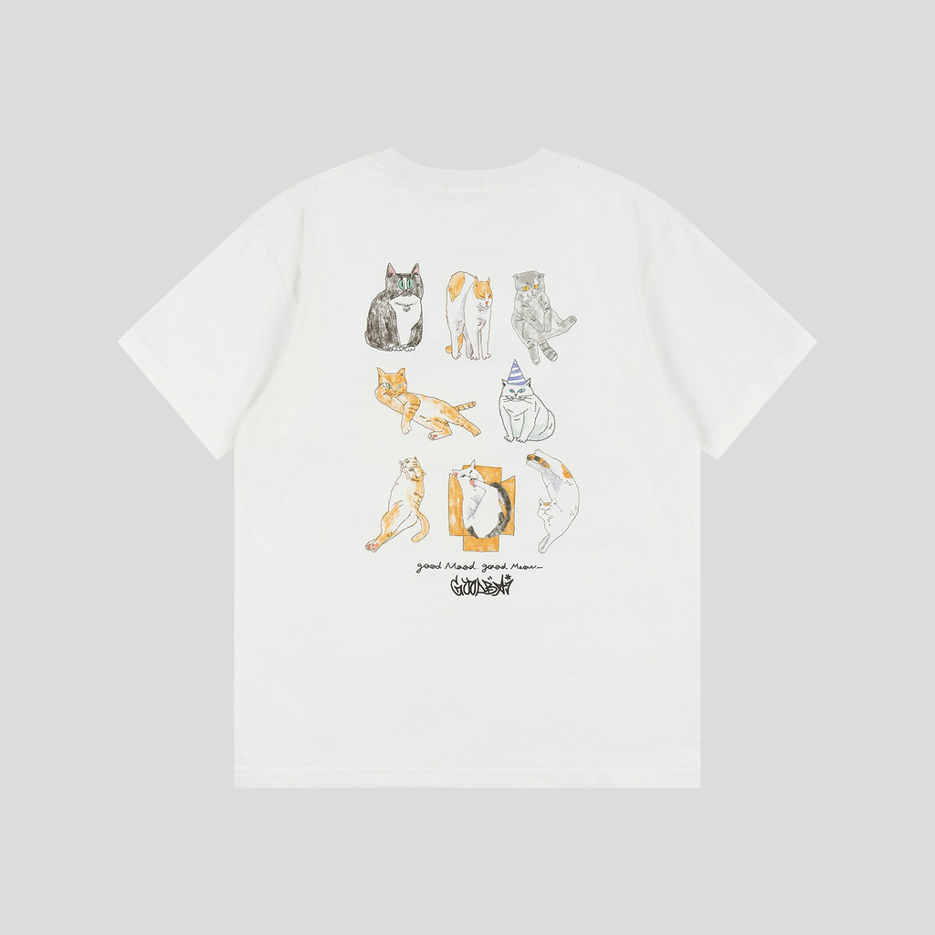 Hàng sẵn có 100% Cotton cao cấp GOODBAI Nam Nữ Mèo Hàng Ngày Manga In Hình Cổ Tròn Quá Khổ Áo Thun N