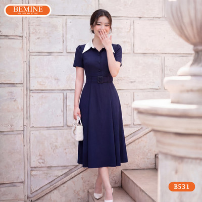 Đầm thiết kế BEMINE cổ sơ mi phối có đai eo dáng chữ A phù hợp đi làm-B531