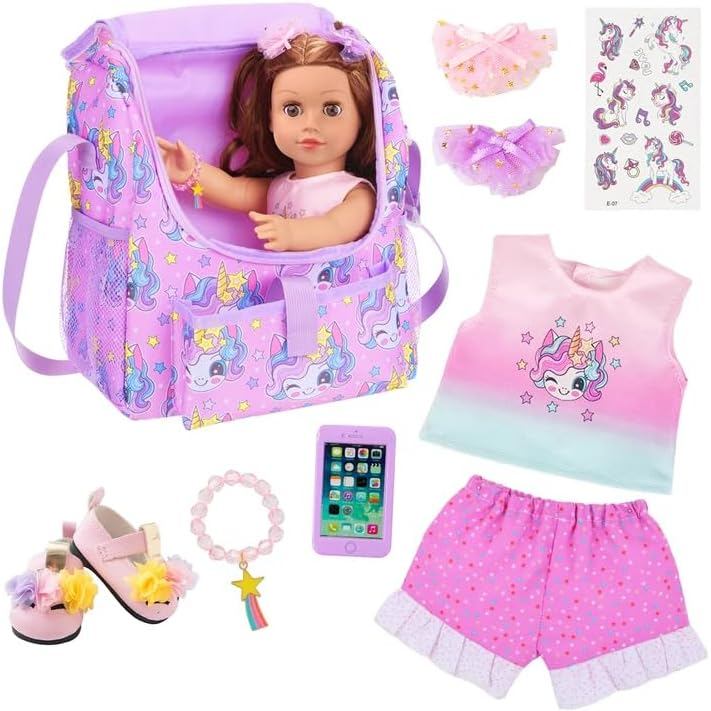 UNICORN ELEMENT Bộ ba lô ngồi kỳ lân búp bê Mỹ 18 Inch và phụ kiện bao gồm quần áo, tàu sân bay, già