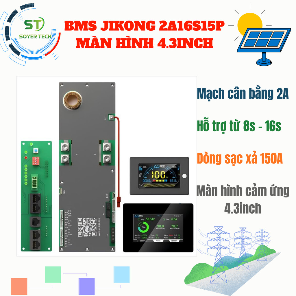 BMS JIKONG JK-PB2A16S15PV19 - MÀN HÌNH 4.3INCH - DÒNG SẠC/XẢ 150A CÂN BẰNG 2A - HÀNG CHÍNH HÃNG - CÓ