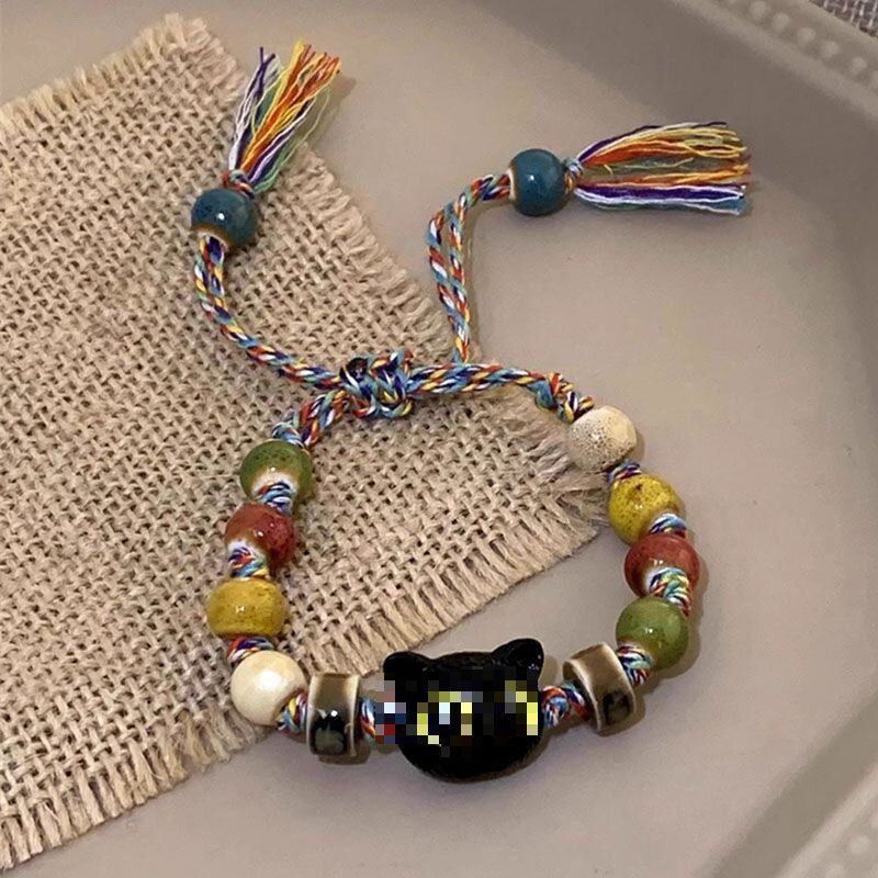 Hot Sale#2025New Colorful Cat Braided Rope Bracelet Niche Design Sweet Cool Chinese Style Tassel Bra