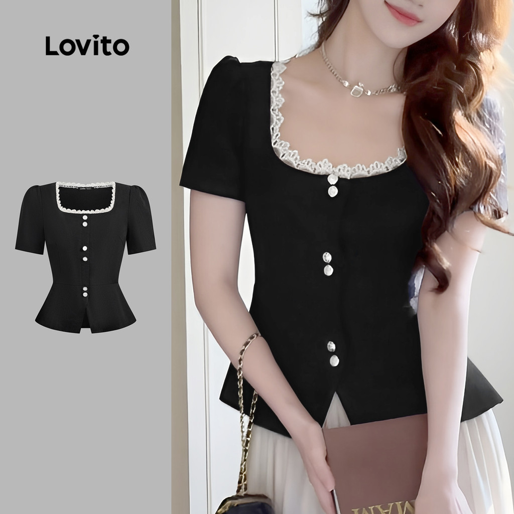 Lovito Áo sơ mi nữ thắt nơ cổ rập xếp li nút bấm chia đôi mùa xuân/hè màu đen L137ED258