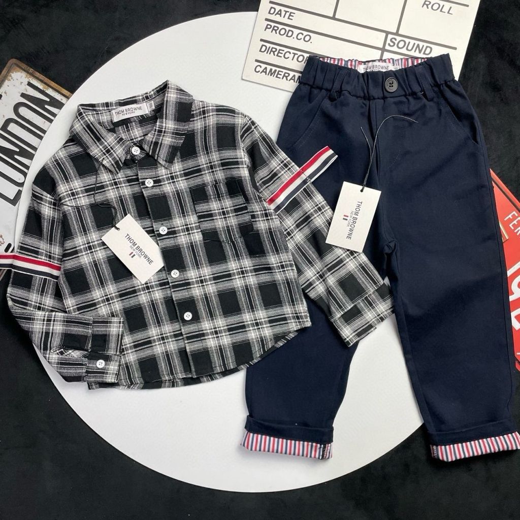 THOM BROWNE1970 Áo Sơ Mi Kẻ Sọc Trẻ Em Áo Sơ Mi Bé Trai Xuân Thu Trung Lớn Trẻ Em