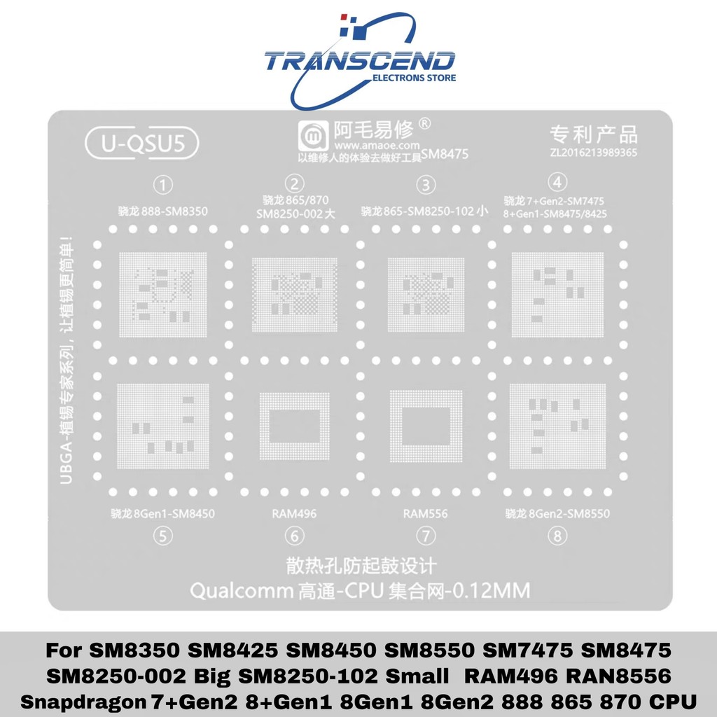 BGA Reballing Stencil Cho Qualcomm series CPU SM8350 SM8425 SM8450 SM8475 SM8550 SM7475 Snapdragon 7