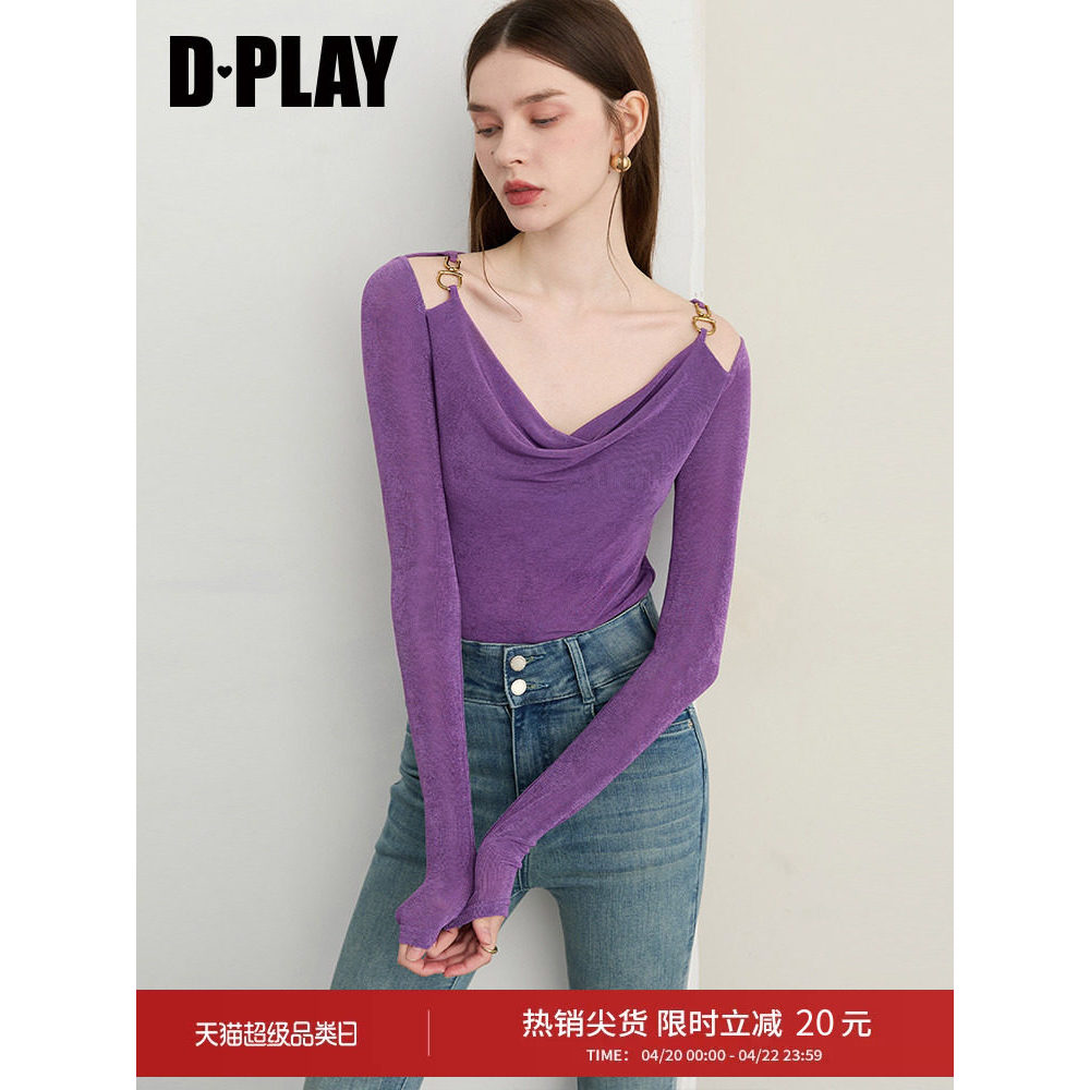 DPLAY2026 Mùa Xuân Phong Cách Mới Áo Thun Màu Tím Nữ Cổ Xoay Rỗng Ngoài Vai Co Giãn Slim @ -