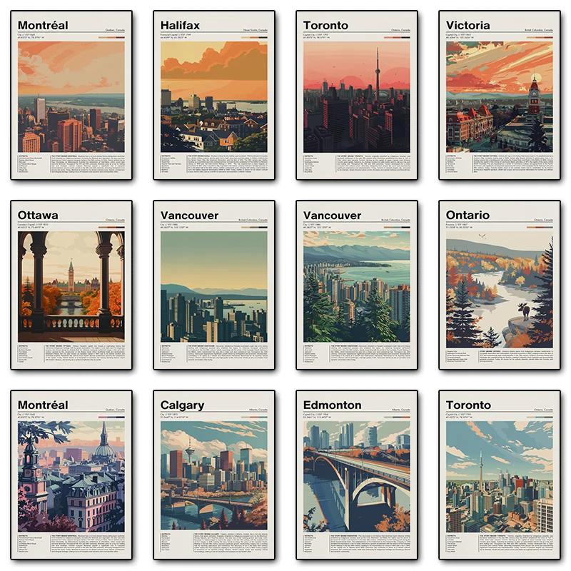 Vintage Thành Phố Du Lịch Áp Phích Canvas Nghệ Thuật In Toronto Calgary Montreal Edmonton Tường Hình