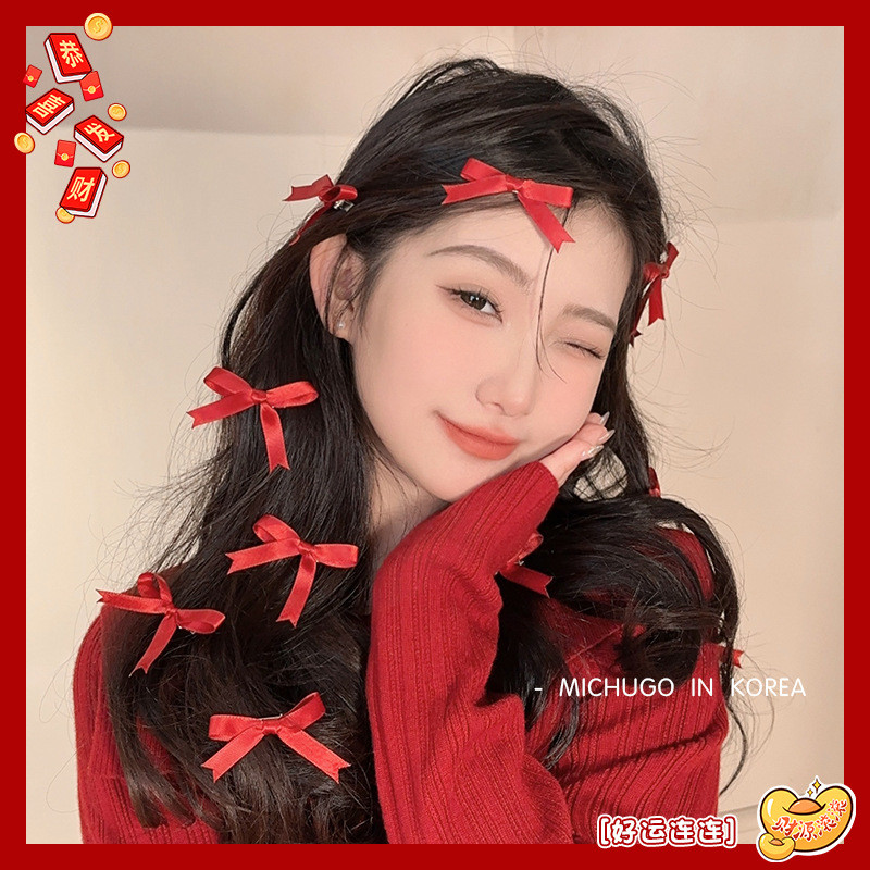 Set 02 kẹp tóc ruy băng đỏ năm mới mai mắn, xinh xắn TOC199