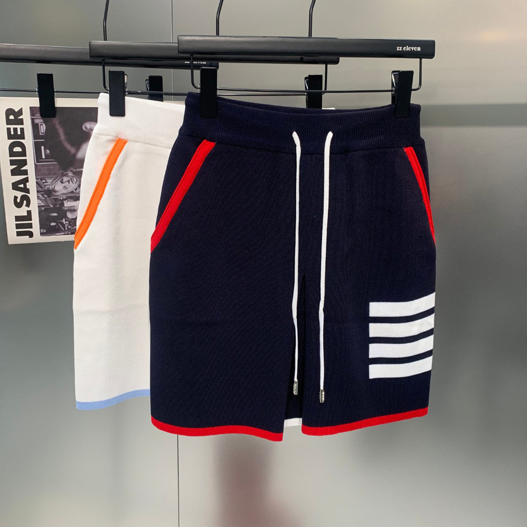 WUU1 Thom Browne Ladies2025Summer Four-Stripe Knitted Ice Linen Casual Bodycon Short Skirt with Draw