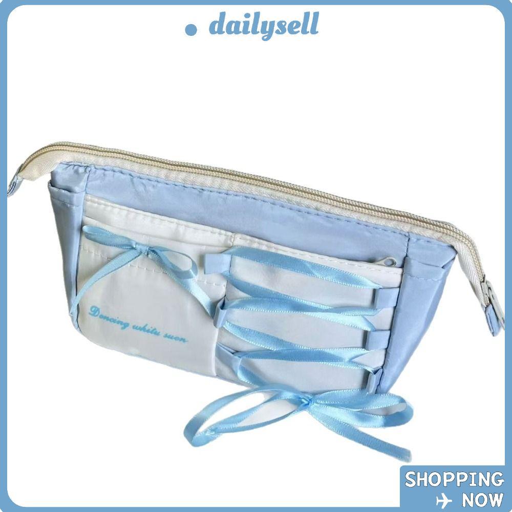 Túi đựng bút AELUUAKE, Nơ Ribbon Bút chì dung tích lớn, Hộp đựng bút phong cách múa ba lê màu xanh d