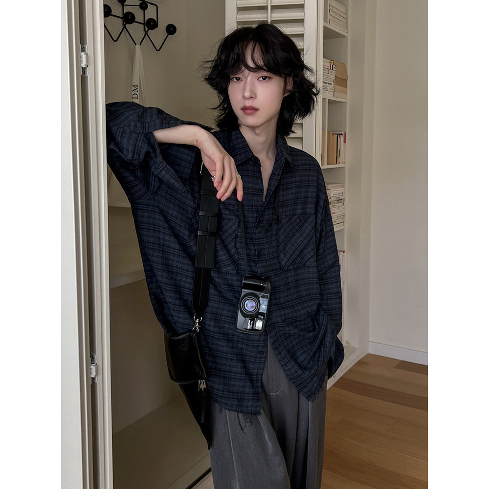 MYQ Vintage Plaid Long Sleeve Shirt Men's Spring Loose Casual Shirt Trendy Old Money Style Outfit