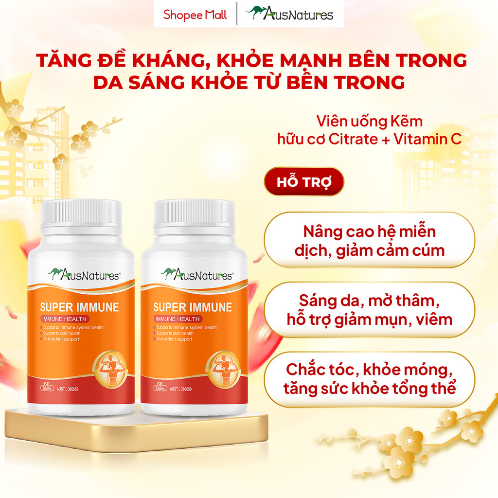 [COMBO 2 LỌ] Viên uống Kẽm và Vitamin C - AusNatures Super Immune - Tăng đề kháng, Đẹp da, Giảm mụn