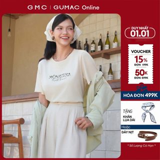   TẶNG QUÀ ĐƠN 499K   Áo thun nữ thêu chữ phối màu be thun cotton co giãn thoáng mát thời trang GUMAC ATF05007 