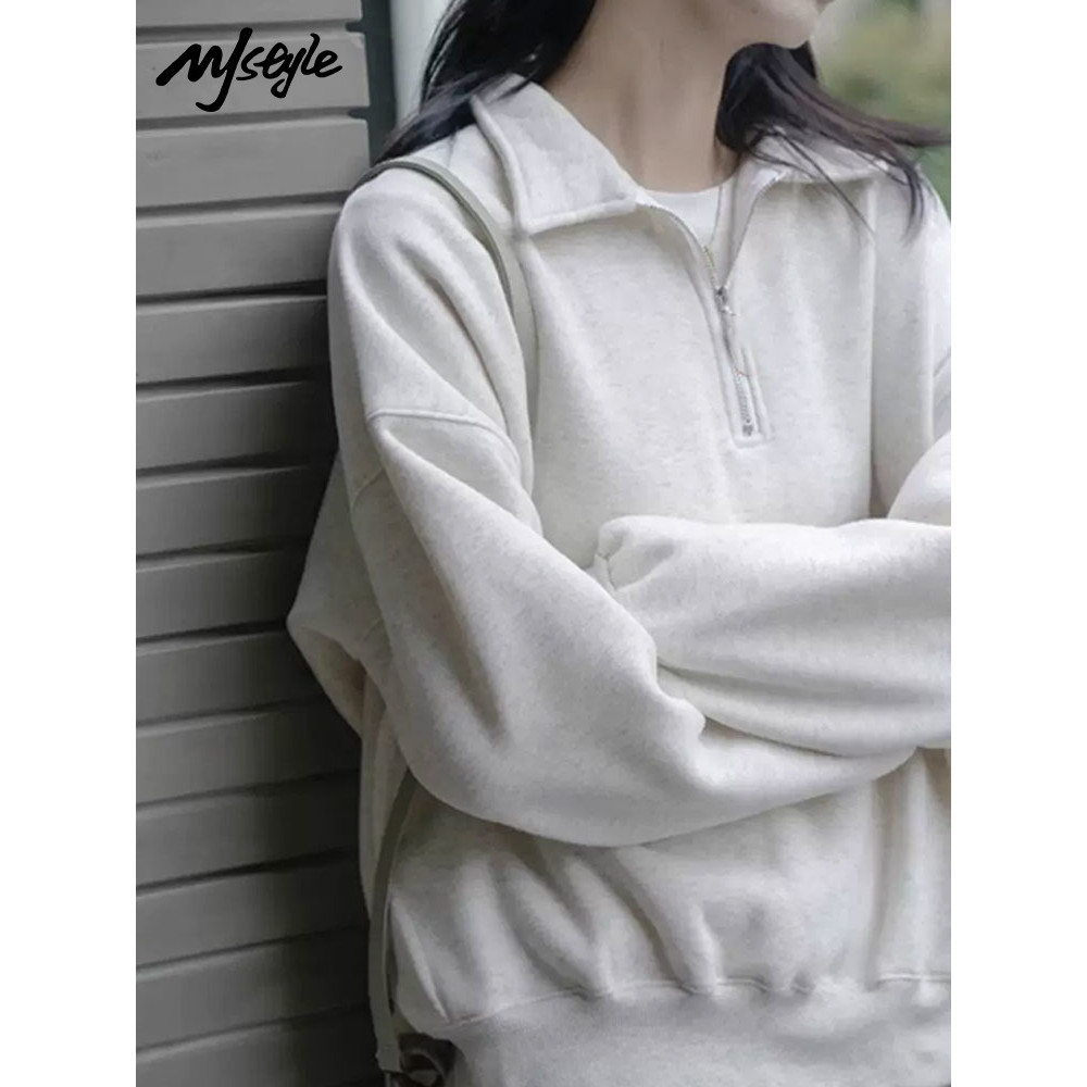 Ao nữ MJstyle màu xám lót lông cừu, thiết kế polo nửa zipper, phù hợp xuân thu